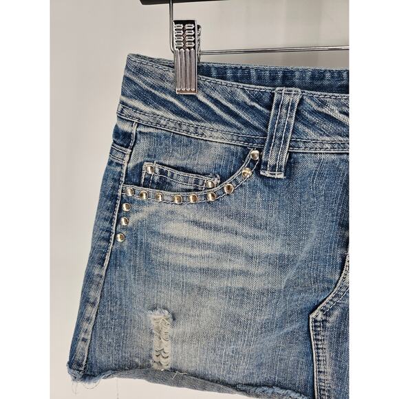 Vintage Y2K Colza Womens Sz M Blue Jean Mini Skirt Denim Studded Distressed - Picture 2 of 5